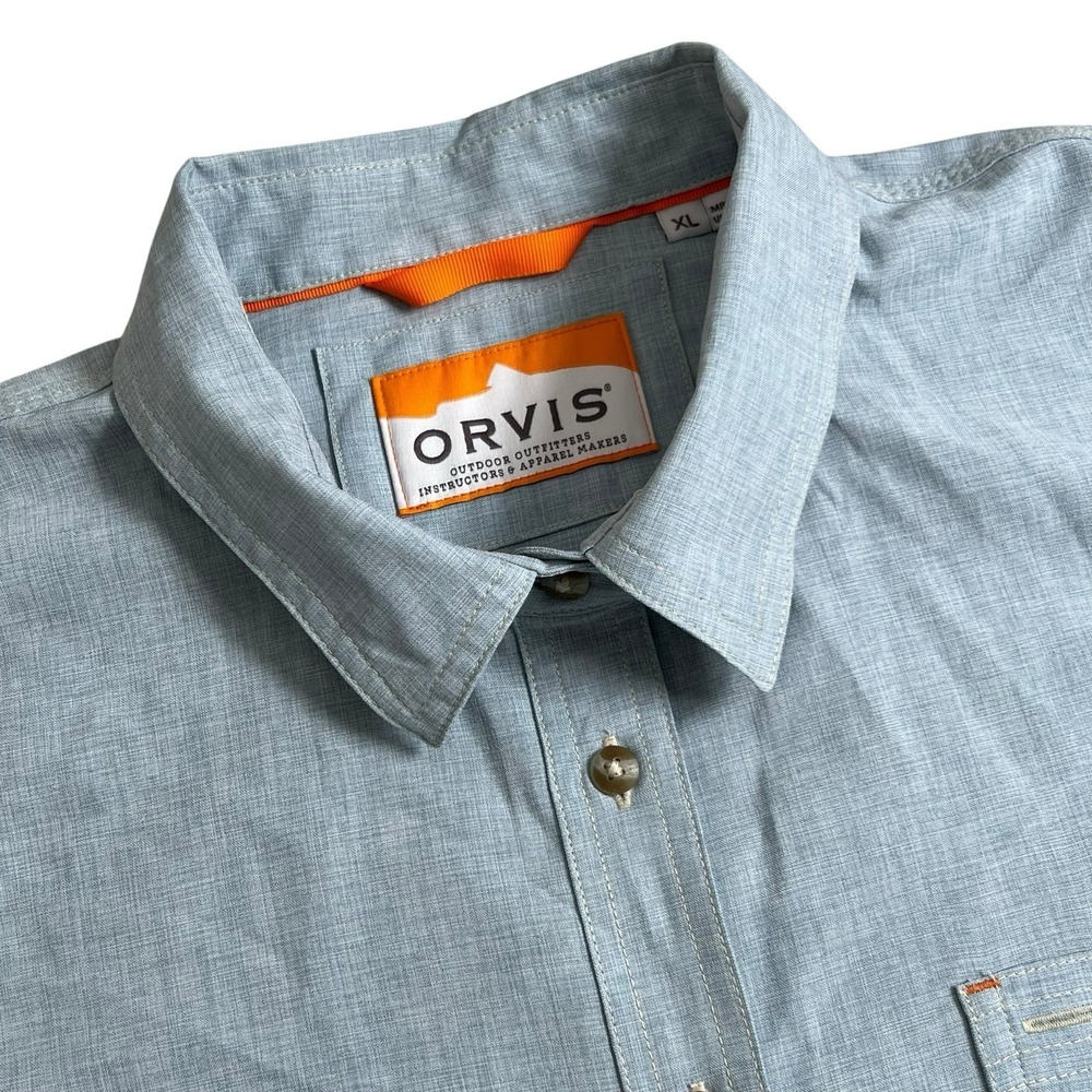 Orvis Trout Bum Mens XL Blue Short Sleeve Button Up Performance Shirt Pocket